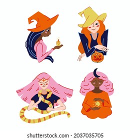 Witch set illustration on haloween.  Witch wearing hat with snake vector illustration mystic women collection 