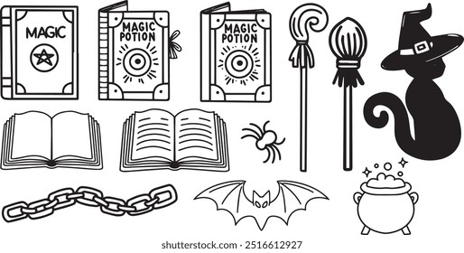 Witch Set line art witch broom magic book drawing halloween clipart holiday party icons magic item cauldron black cat silhouette prop Gothic chain sticker design elements chain bat contour design