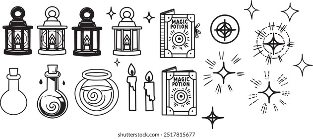 Witch Set line art magic book drawing clipart halloween holiday party candle lantern minimalist icons magical potion bottle item prop Gothic sticker design elements occult scary contour design poison