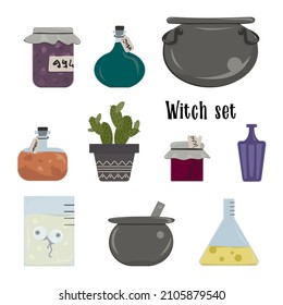 Witch set magic vial potion, witchcraft items, sorcery icons, wizardry tools kit vector illustration