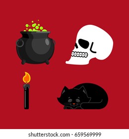 Witch set magical pot and skull, Black cat and candle for spells
