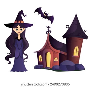 Witch set. A witch s house, a bat and a cute witch on a white background. Vector