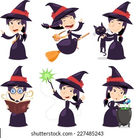 Witch set with witch wearing a black dress with  black cat, with magic wand and with magic pot. Vector illustration cartoon.