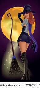 Witch with sexy pose, winking, with magic broom, on illuminated moon. Vector illustration. Halloween, Autumn. Carnival, costume February.