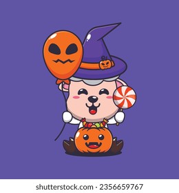 Witch sheep holding halloween balloon and candy. Cute halloween cartoon illustration. 