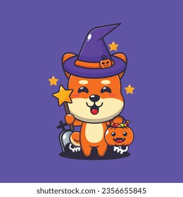 Witch shiba inu in halloween day. Cute halloween cartoon illustration. 