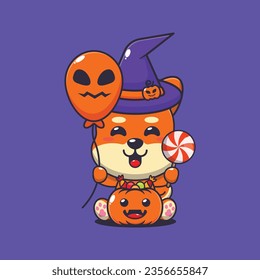 Witch shiba inu holding halloween balloon and candy. Cute halloween cartoon illustration. 