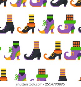 Witch shoes vector cartoon seamless pattern background.