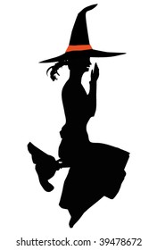 a witch silhouette with black hat and red ribbon riding on broomstick on a white background - vector file