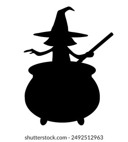 Witch silhouette. Witch brews a potion. Silhouette of a witch, black witch. Witchcraft. Halloween concept