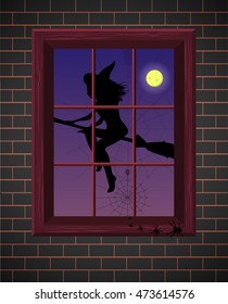 Witch silhouette with broom. Vector illustration, eps10. Flying witch on broom in the night in the window. Brick wall.