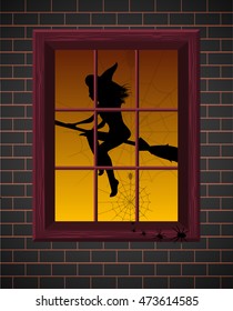 Witch silhouette with broom. Vector illustration, eps10. Flying witch on broom in the window. Brick wall.