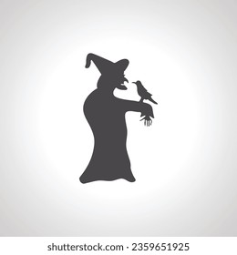 witch silhouette with crow bird icon
