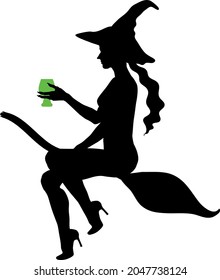 The witch silhouette flies astride a broomstick with a glass in hand.  Vector. Isolated