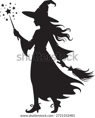 Witch silhouette flying with broom isolated on white background