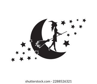 Witch silhouette flying with a broom on the moon, vector. Cartoon character illustration. Childish art design. Artistic wall decals  