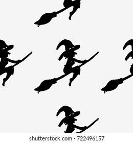 Witch silhouette flying on broomstick. Vector illustration. Seamless pattern
