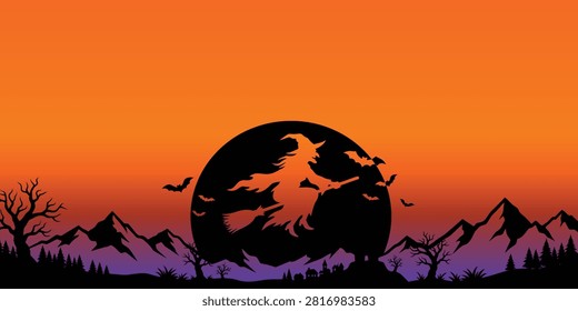 Witch silhouette flying past full moon halloween background frame with halloween