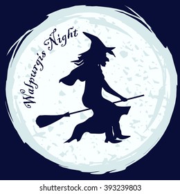 Witch silhouette in witch hat flying on a broom on moon background. Vector illustration for halloween card, walpurgis night decoration, fancy-dress party invitation