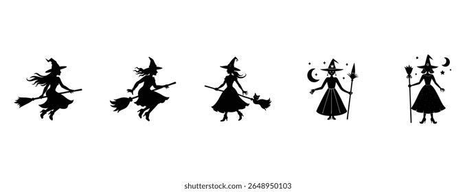 Witch Silhouette Icon Set – Halloween Flying Witch Vector Graphics for Spooky and Magical Designs