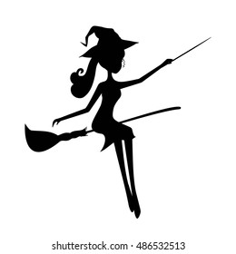 Witch silhouette with a magic wand. Halloween witch sitting on a broom. Stencil witch silhouette  isolated on white background.