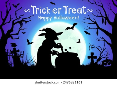 Witch silhouette near cauldron in dark forest with old cemetery graves, trees and flying bats at moonlight. Halloween holiday vector banner with spooky hag stirring pot and cooking brew on graveyard