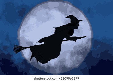 Witch silhouette on broom against moon