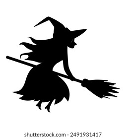 Witch silhouette. Witch on a broom. Silhouette of a witch, black witch. Witchcraft. Halloween concept