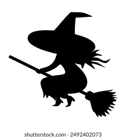 Witch silhouette. Witch on a broom. Silhouette of a witch, black witch. Witchcraft. Halloween concept