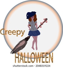 Witch silhouette on broom with full moon on background. Autumn season. Halloween illustration. Girl in magic hat on broom. Cartoon character. isolate. Creepy Halloween.