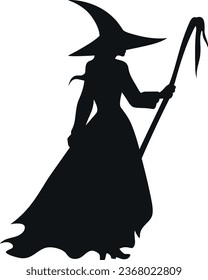 Witch Silhouette with Pointed Hat Vector, Mysterious Witchcraft Illustration.