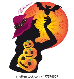 Witch Silhouette with Pumpkins and Bats 