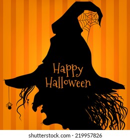 Witch silhouette, side view, Halloween style, orange striped background