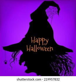 Witch silhouette, side view, Halloween style, purple background