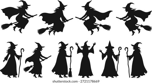 Witch silhouette vector collection, flying poses, magical theme, Halloween design, spooky figures, broomstick motion, mystical style, enchanted illustration, fantasy concept, seasonal decoration elements