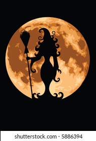 Witch silhouetted against a full moon.