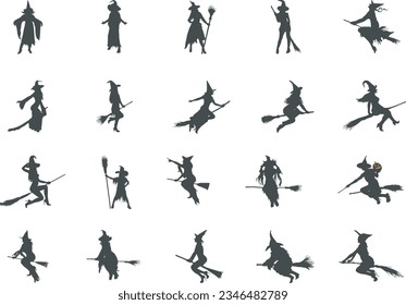 Witch silhouettes, Halloween witch silhouettes, Halloween witches, Female  silhouettes,  Witch vector set