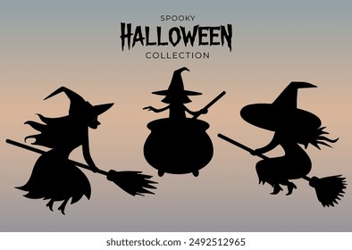 Witch silhouettes vector set. Witch on a broom. Silhouette of a witch, black witch. Witchcraft. Halloween concept