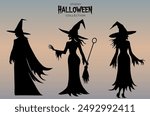 Witch silhouettes vector set. Silhouette of a witch, black witch. Witchcraft. Witch and broom. Halloween concept