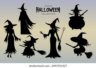 Witch silhouettes vector set. Silhouette of a witch, black witch. Witchcraft. Witch on a broom. Halloween concept