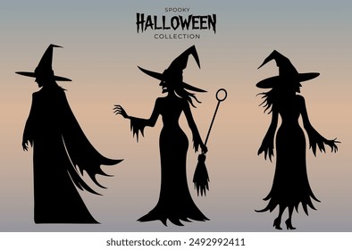 Witch silhouettes vector set. Silhouette of a witch, black witch. Witchcraft. Witch and broom. Halloween concept