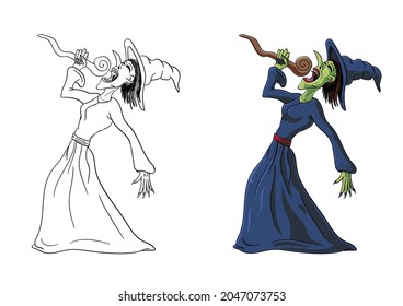 A witch singing into her staff. Includes an outline for coloring. EPS 10