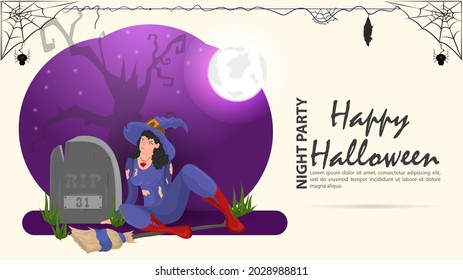 A witch sits next to a tombstone, for the Halloween holiday, flat illustration
