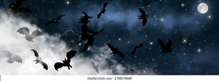 A witch sits on broom and flies through the cloudy sky, Moon and stars shining in the background. Hag surrounded by bats on a night space background. Halloween vector realistic illustration.