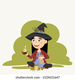 Witch Sits on the floor with a candle and an ancient scroll on which the spell is written. Familiar Toad. Children make magic. Vector illustration