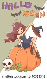 The witch sits on a large pumpkin with large font Halloween on top, Cute character cartoon, Halloween festival - vector
