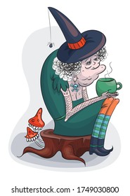 witch sits on a stump and drinks
