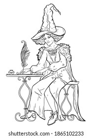 Witch sits at the table and writes a letter with pen and ink. Vector illustration