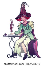 Witch sits at the table and writes a letter with pen and ink. Vector illustration