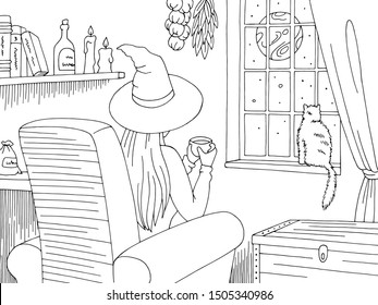 Witch sitting in an armchair drinking tea and looking out the window at the moon graphic black white sketch illustration vector